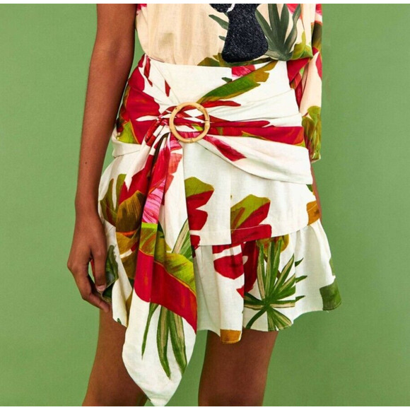 FARM Rio Dresses & Skirts - Farm Rio Ruffle Mini Skirt Women M Multicolor Linen Tie Buckle Spring Forest NWT